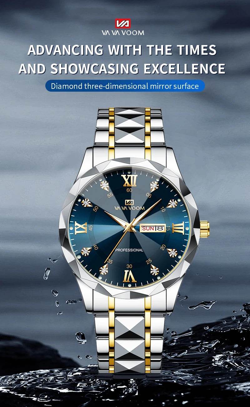 Men Watch Water Diamond Luxury Night Glow Double Calendar Quartz - Lux Waches Max