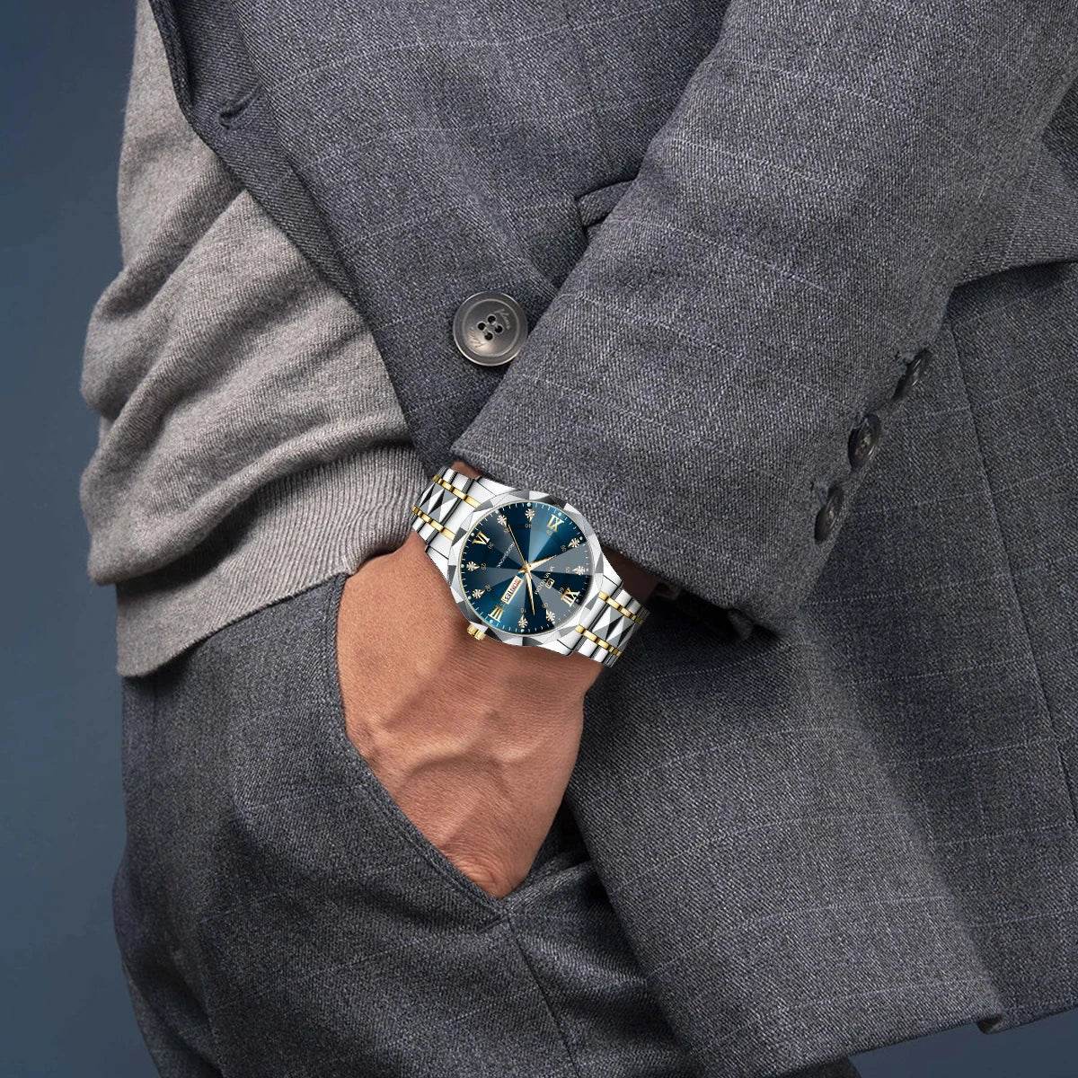 Men Watch Water Diamond Luxury Night Glow Double Calendar Quartz - Lux Waches Max