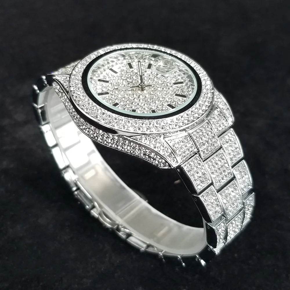 Full Diamond Watches for Men Luxury Fashion Silver Iced Out Quartz Wristwatch Hip Hop Street Style Bling Watch Man Dropshipping - Lux Waches Max