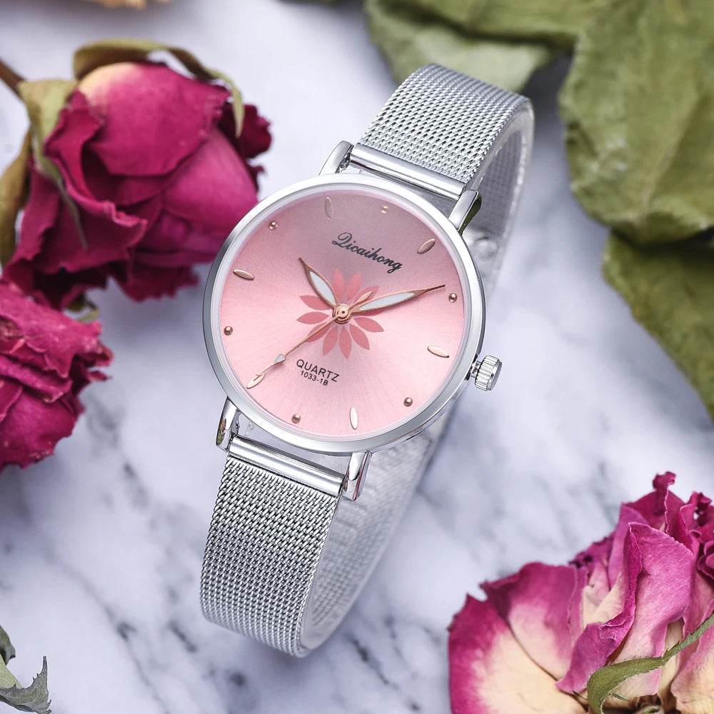 Watches For Women Luxury Silver Popular Pink Dial Flowers Metal Ladies Bracelet Quartz - Lux Waches Max