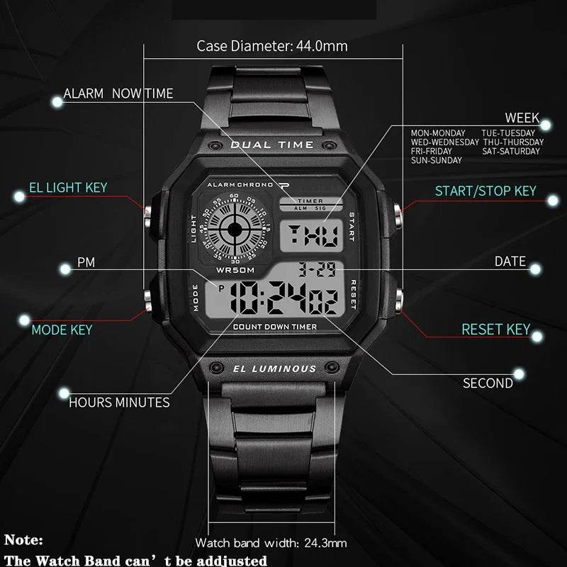 YIKAZE Luxury Stainless Steel Strap Sport Watches Men Military Digital Watches Waterproof Clock LED Men's Sport Wristwatch - Lux Waches Max