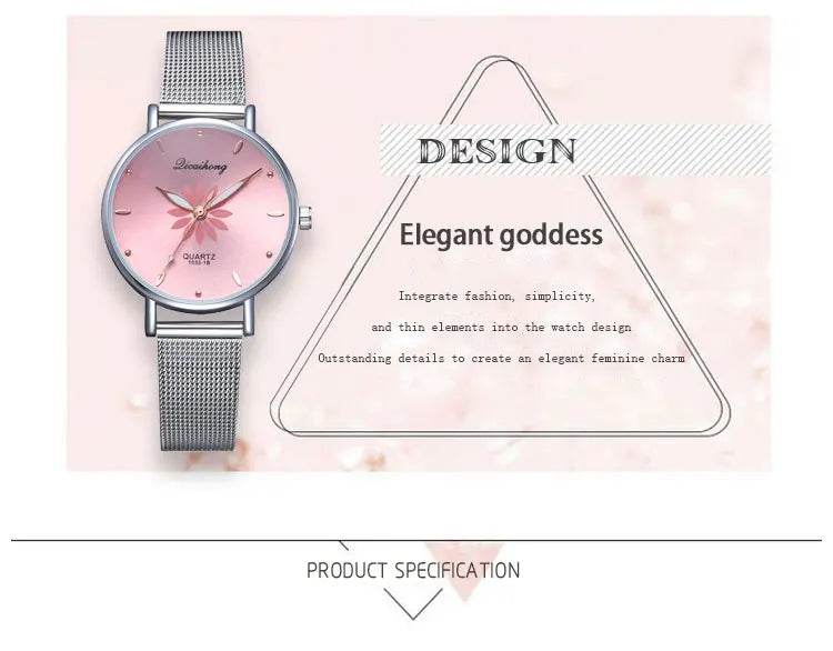 Watches For Women Luxury Silver Popular Pink Dial Flowers Metal Ladies Bracelet Quartz - Lux Waches Max