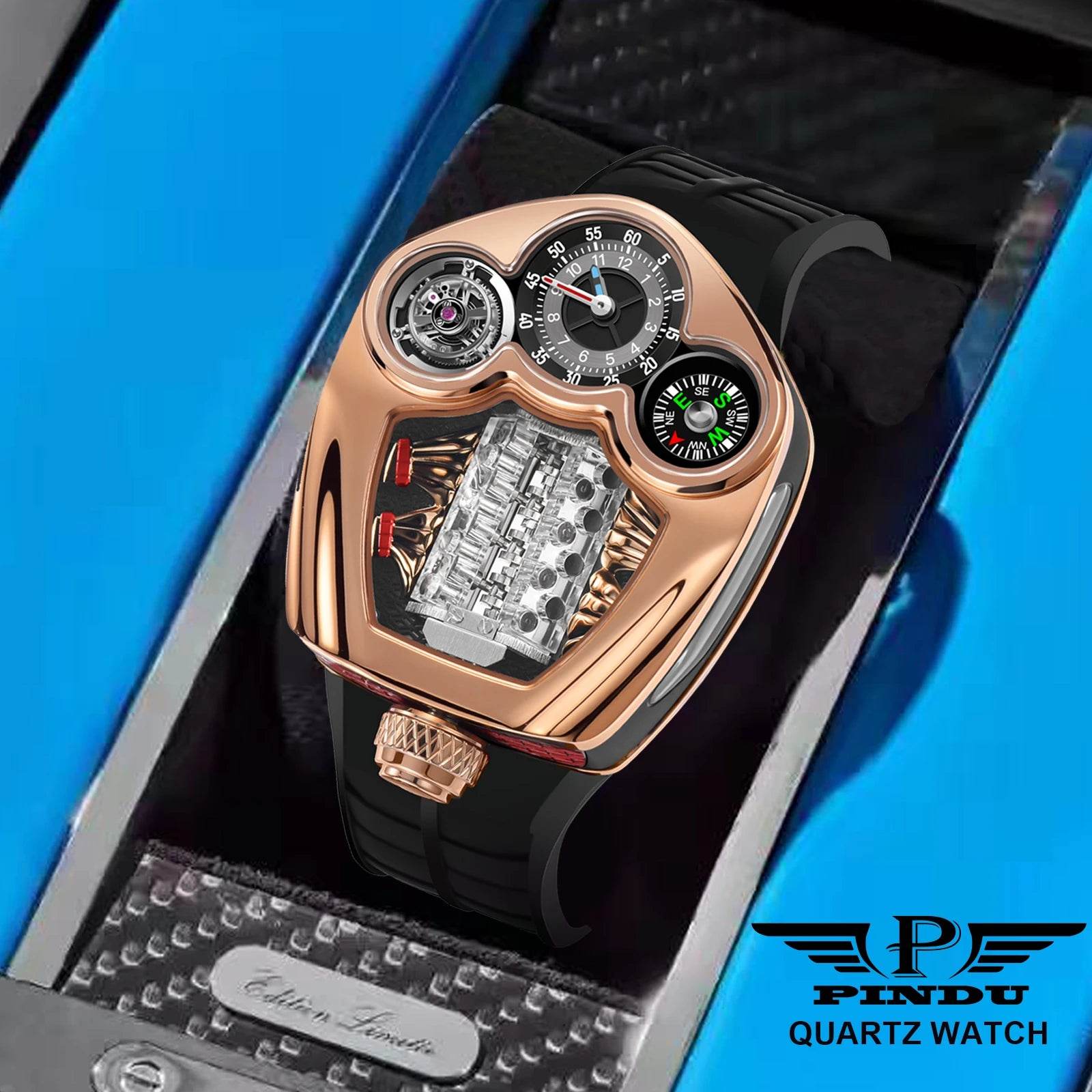 PINDU Design NEW Engine Series Quartz Watch Men TOP-luxurious Stainless steel Compass Waterproof Swiss quartz 762 movement watch - Lux Waches Max