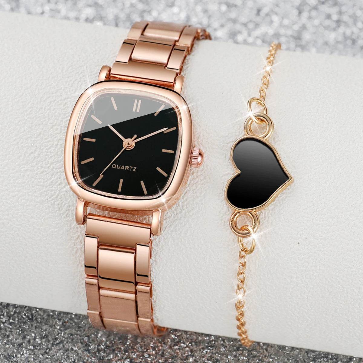 2PCS/Set Fashion Square Women Watches Stainless Steel Band Quartz Watch - Lux Waches Max
