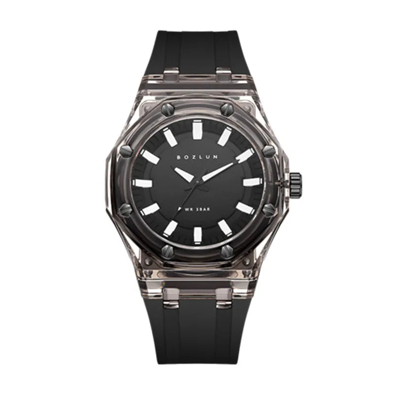 BOZLUN Fashion Quartz Watch For Men Women Transparent Crystal Case Stylish Unisex Wristwatches Rubber Strap Band
