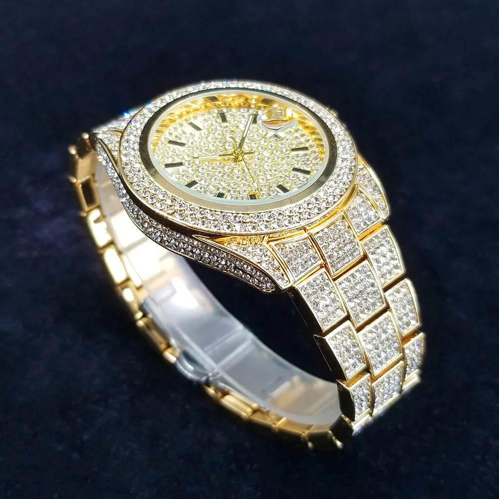 Full Diamond Watches for Men Luxury Fashion Silver Iced Out Quartz Wristwatch Hip Hop Street Style Bling Watch Man Dropshipping - Lux Waches Max