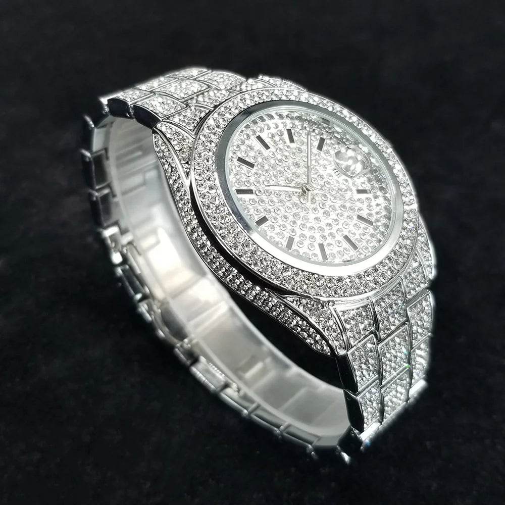 Full Diamond Watches for Men Luxury Fashion Silver Iced Out Quartz Wristwatch Hip Hop Street Style Bling Watch Man Dropshipping - Lux Waches Max