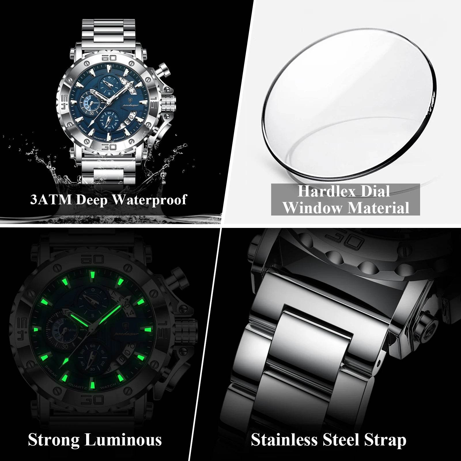POEDAGAR Luxury Watch For Men Calendar Luminous Waterproof Man Clock Male Chronograph Stainless Steel Men's Quartz Watches Reloj - Lux Waches Max