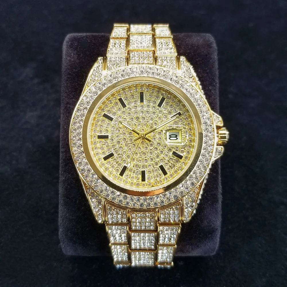 Full Diamond Watches for Men Luxury Fashion Silver Iced Out Quartz Wristwatch Hip Hop Street Style Bling Watch Man Dropshipping - Lux Waches Max