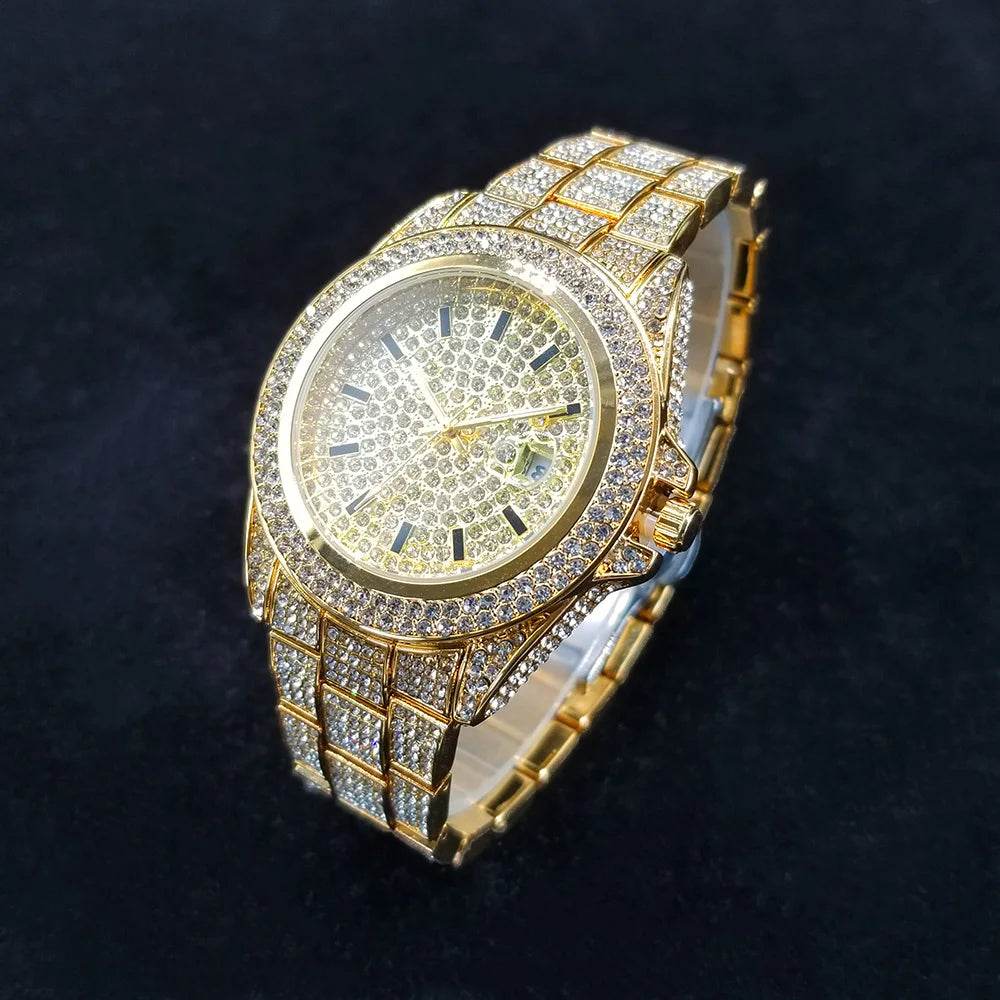 Full Diamond Watches for Men Luxury Fashion Silver Iced Out Quartz Wristwatch Hip Hop Street Style Bling Watch Man Dropshipping - Lux Waches Max