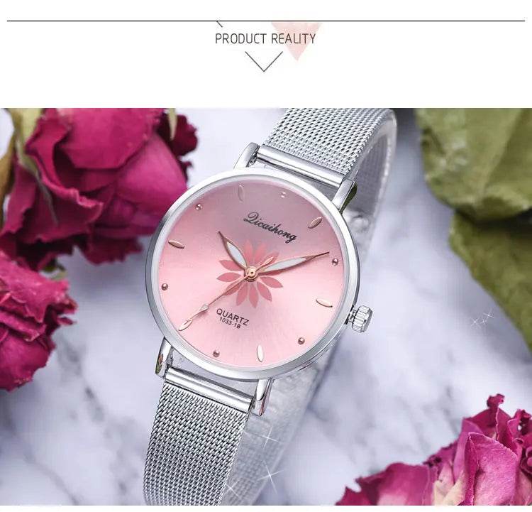 Watches For Women Luxury Silver Popular Pink Dial Flowers Metal Ladies Bracelet Quartz - Lux Waches Max