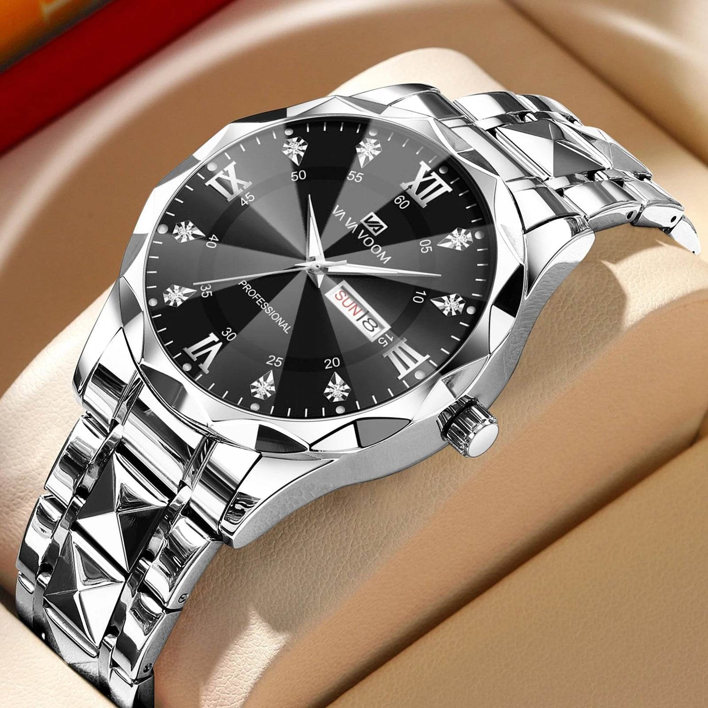 Men Watch Water Diamond Luxury Night Glow Double Calendar Quartz - Lux Waches Max