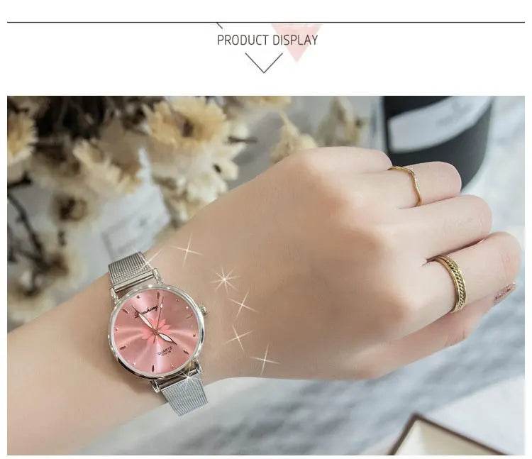 Watches For Women Luxury Silver Popular Pink Dial Flowers Metal Ladies Bracelet Quartz - Lux Waches Max