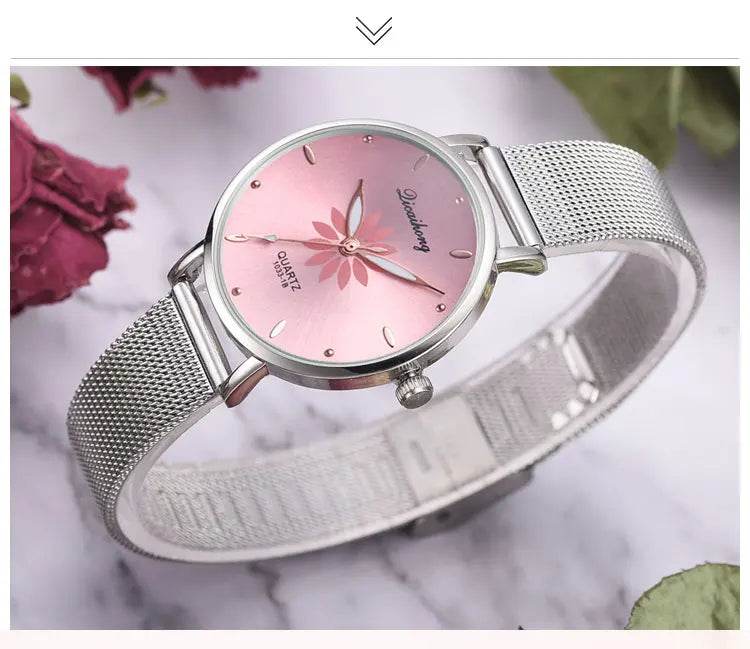 Watches For Women Luxury Silver Popular Pink Dial Flowers Metal Ladies Bracelet Quartz - Lux Waches Max