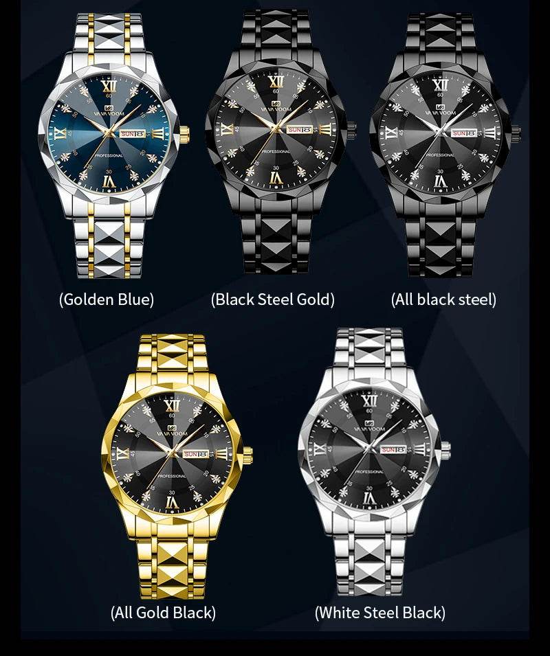 Men Watch Water Diamond Luxury Night Glow Double Calendar Quartz - Lux Waches Max
