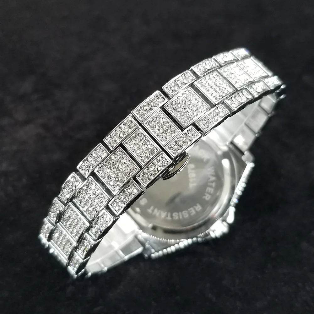 Full Diamond Watches for Men Luxury Fashion Silver Iced Out Quartz Wristwatch Hip Hop Street Style Bling Watch Man Dropshipping - Lux Waches Max