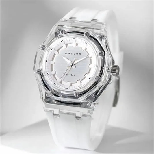 BOZLUN Fashion Quartz Watch For Men Women Transparent Crystal Case Stylish Unisex Wristwatches Rubber Strap Band