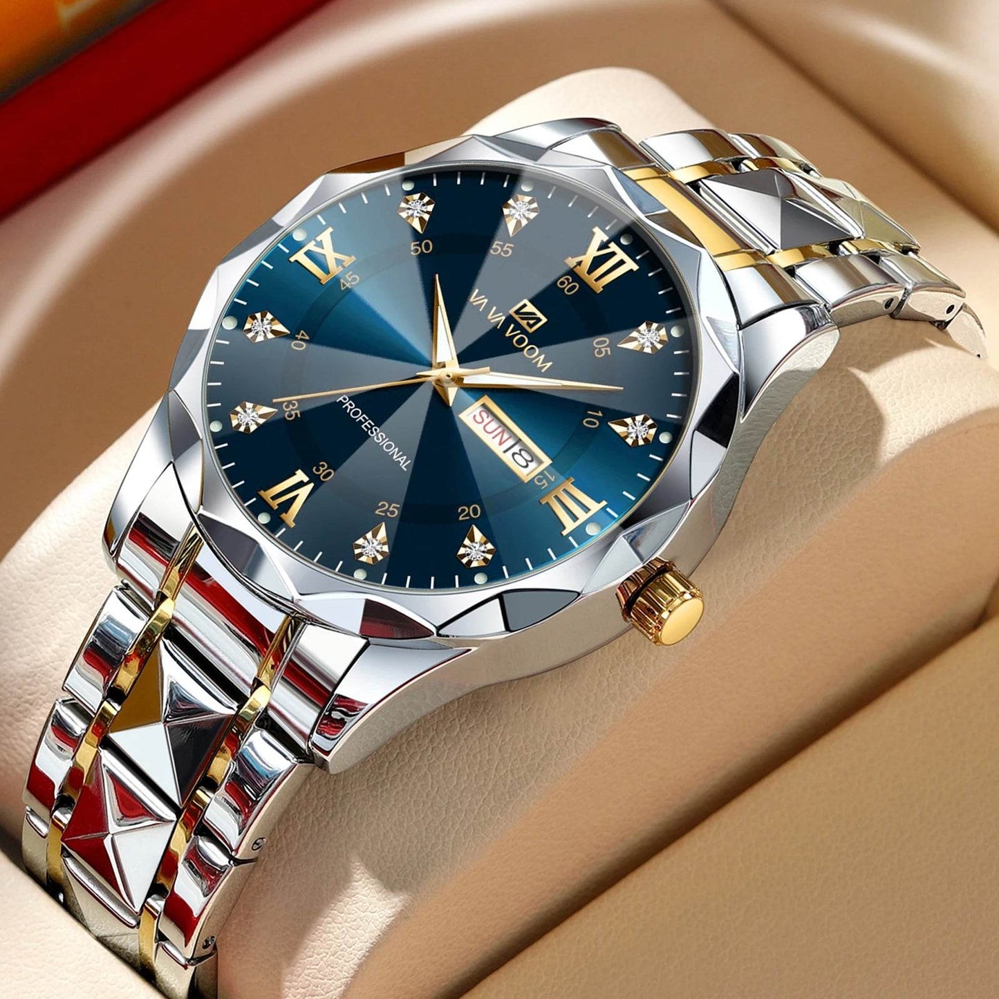 Men Watch Water Diamond Luxury Night Glow Double Calendar Quartz - Lux Waches Max