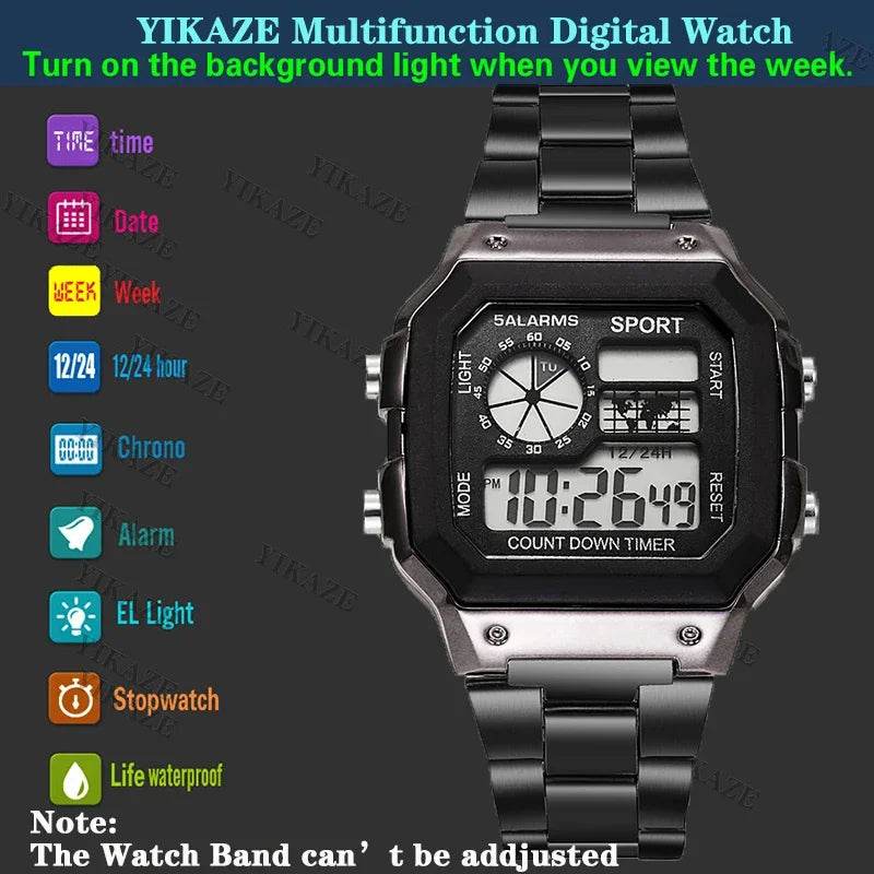 YIKAZE Luxury Stainless Steel Strap Sport Watches Men Military Digital Watches Waterproof Clock LED Men's Sport Wristwatch - Lux Waches Max