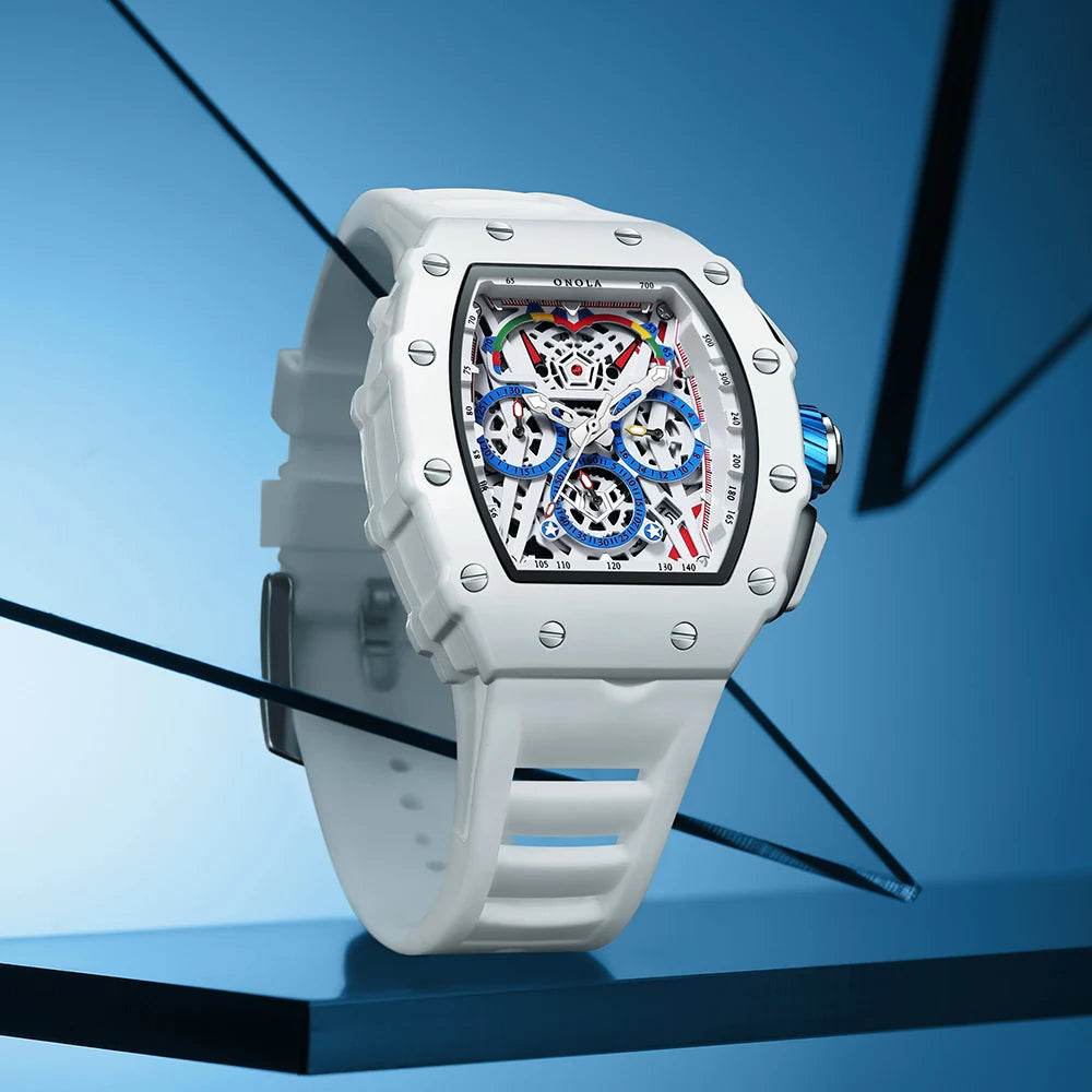 Luxury Watch Men's ONOLA Fashion Casual Multifunctional Silicone Tape Waterproof Quartz Watch White - Lux Waches Max