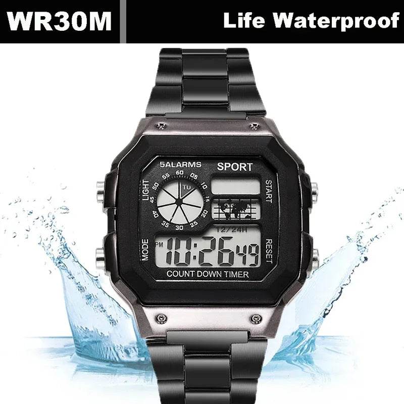 YIKAZE Luxury Stainless Steel Strap Sport Watches Men Military Digital Watches Waterproof Clock LED Men's Sport Wristwatch - Lux Waches Max