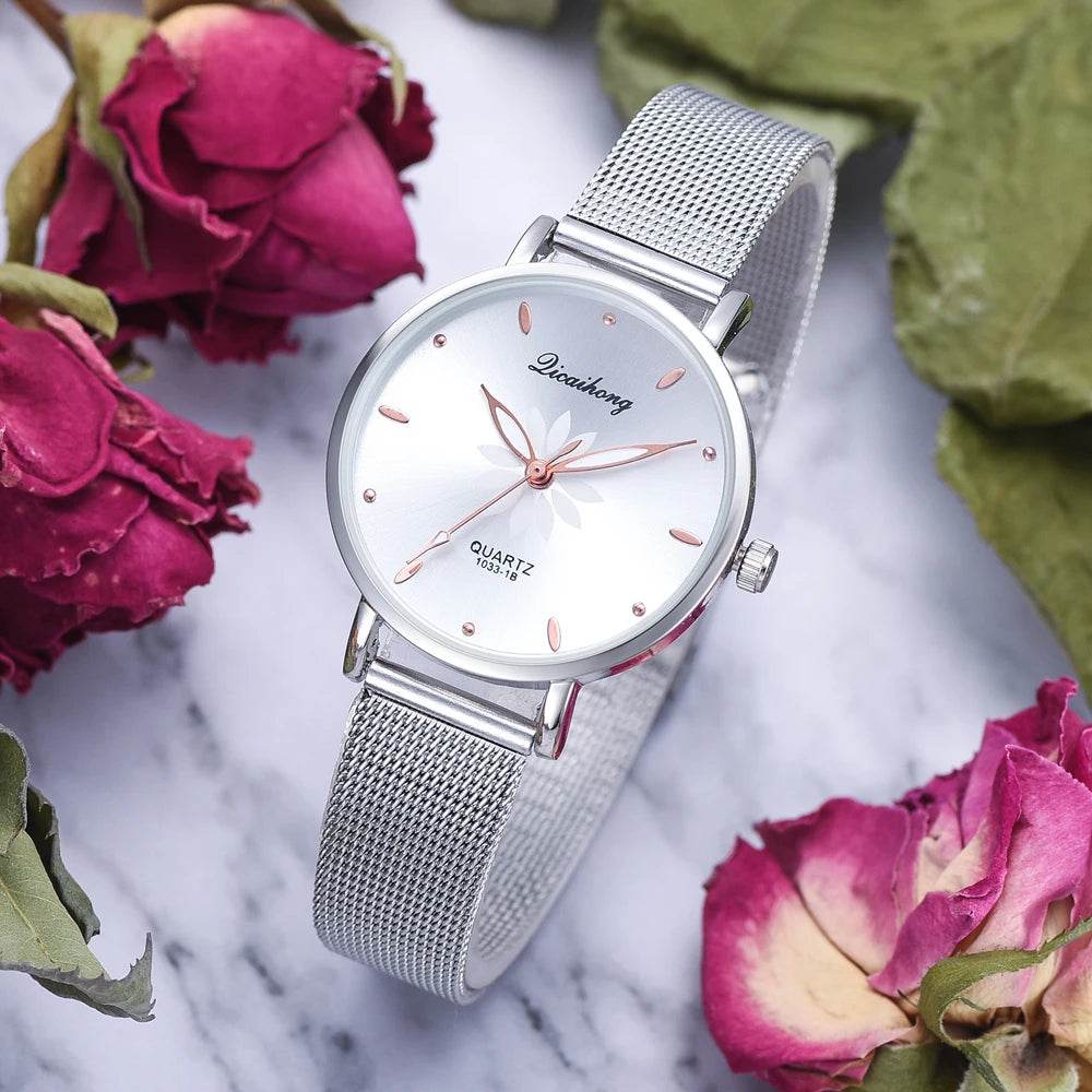 Watches For Women Luxury Silver Popular Pink Dial Flowers Metal Ladies Bracelet Quartz - Lux Waches Max