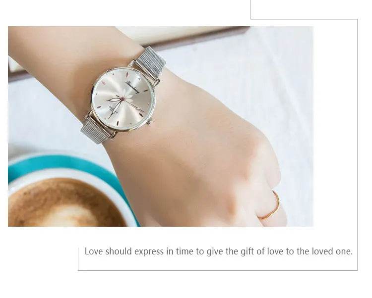Watches For Women Luxury Silver Popular Pink Dial Flowers Metal Ladies Bracelet Quartz - Lux Waches Max