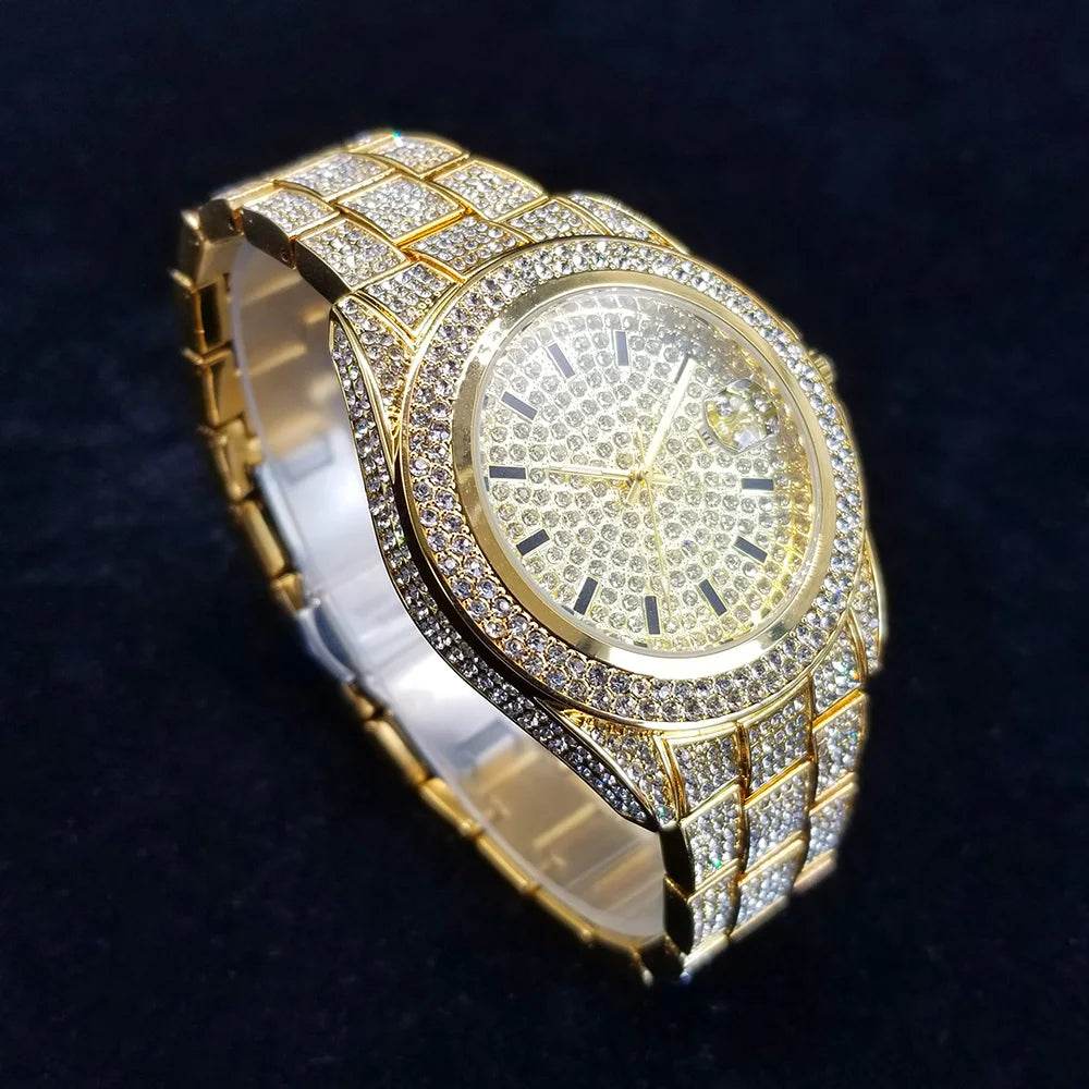 Full Diamond Watches for Men Luxury Fashion Silver Iced Out Quartz Wristwatch Hip Hop Street Style Bling Watch Man Dropshipping - Lux Waches Max