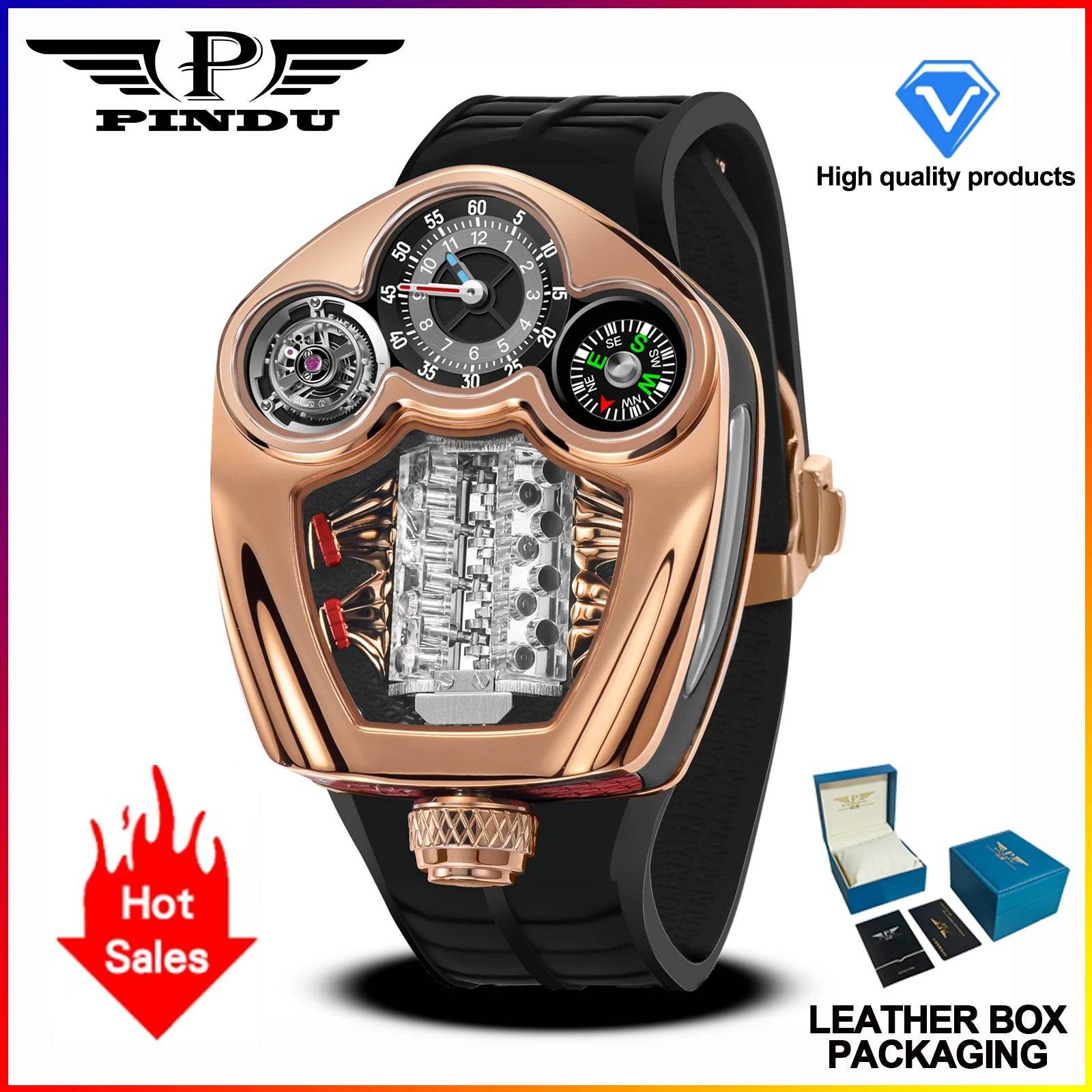 PINDU Design NEW Engine Series Quartz Watch Men TOP-luxurious Stainless steel Compass Waterproof Swiss quartz 762 movement watch - Lux Waches Max