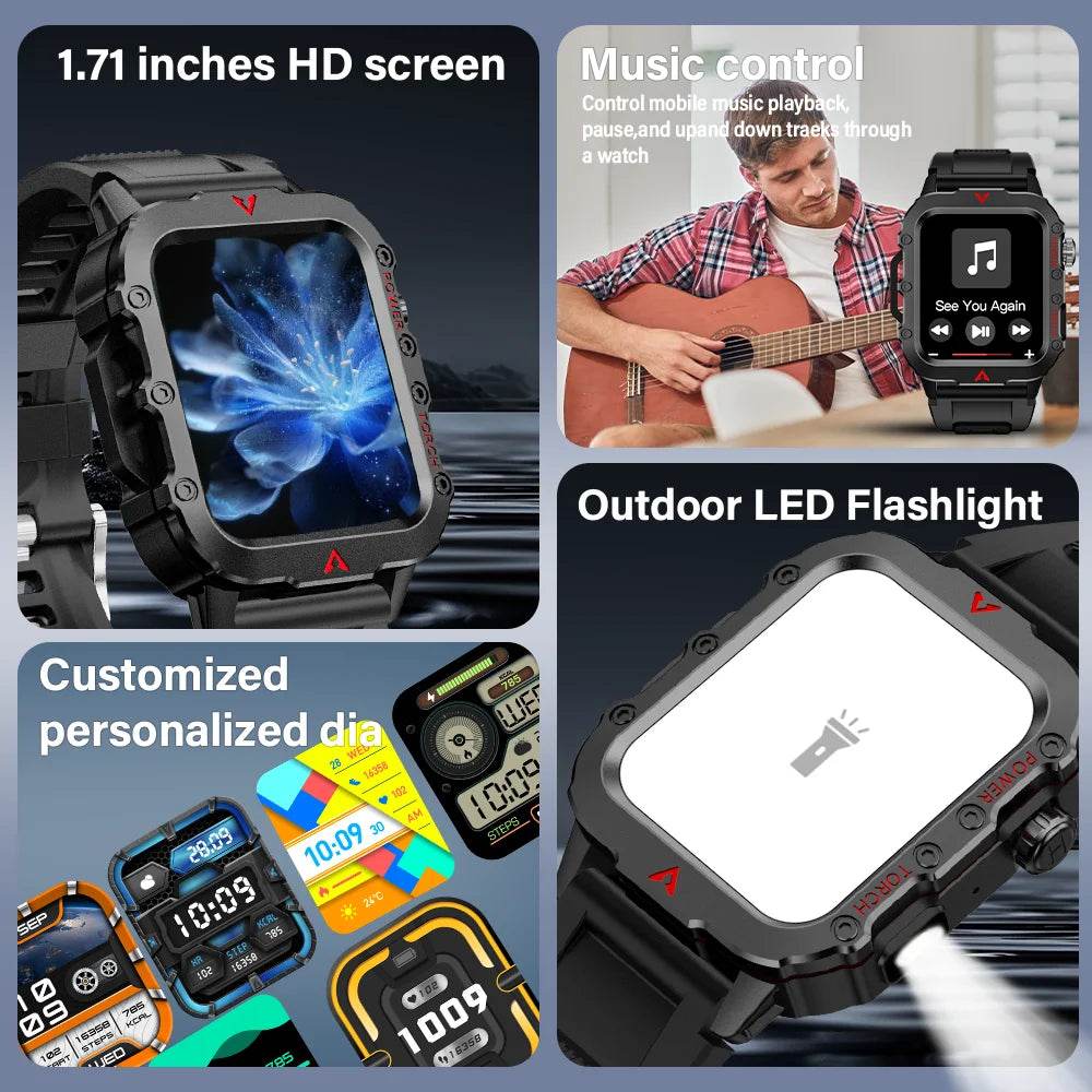LAXASFIT Men Sports Smart Watch 1.71 Screen Blood Oxygen Bluetooth Talking Watch Multi Sport LED Flashlight Outdoor Smart Watch - Lux Waches Max