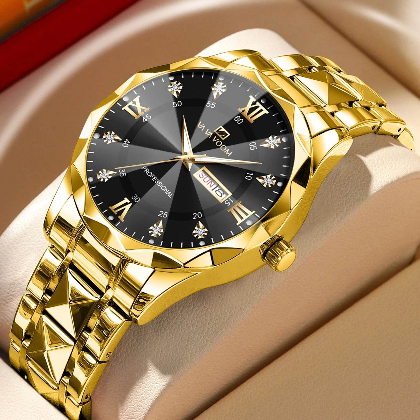 Men Watch Water Diamond Luxury Night Glow Double Calendar Quartz - Lux Waches Max