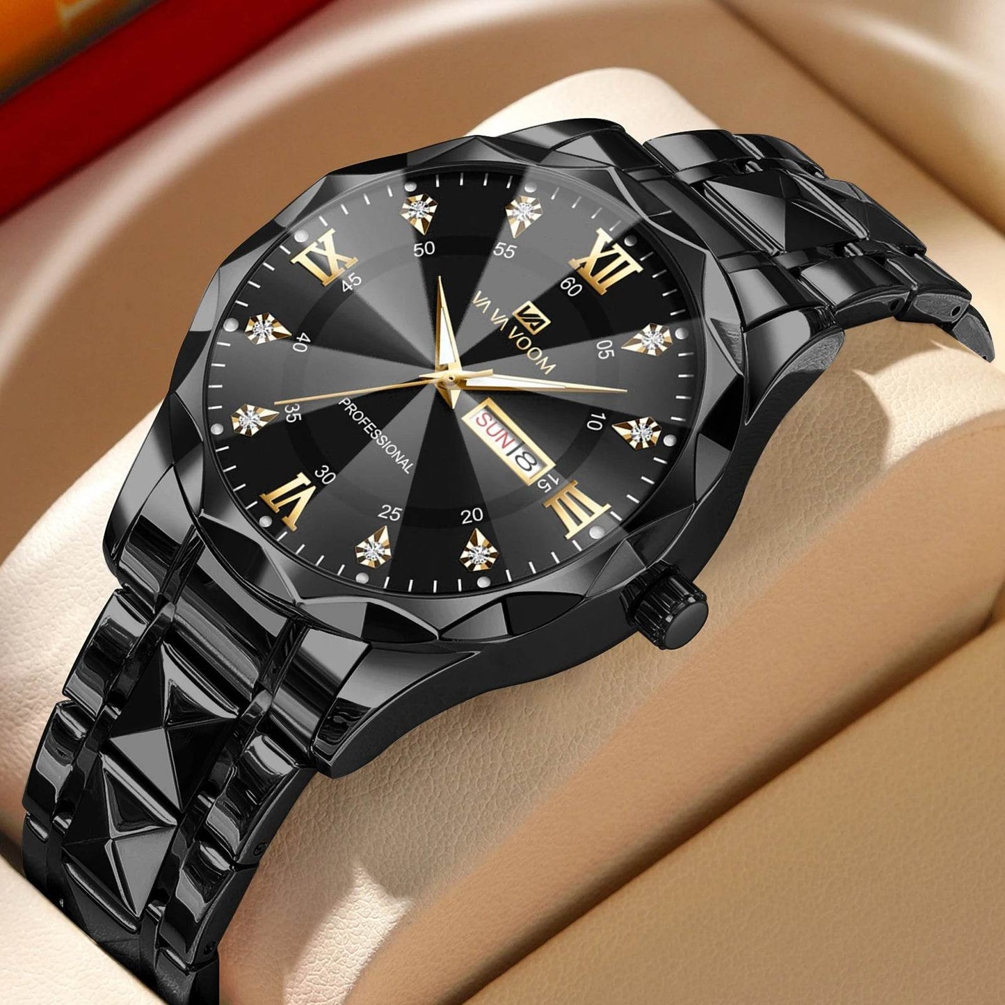 Men Watch Water Diamond Luxury Night Glow Double Calendar Quartz - Lux Waches Max