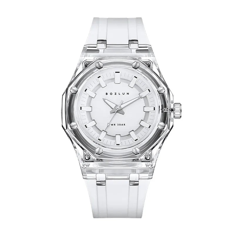 BOZLUN Fashion Quartz Watch For Men Women Transparent Crystal Case Stylish Unisex Wristwatches Rubber Strap Band