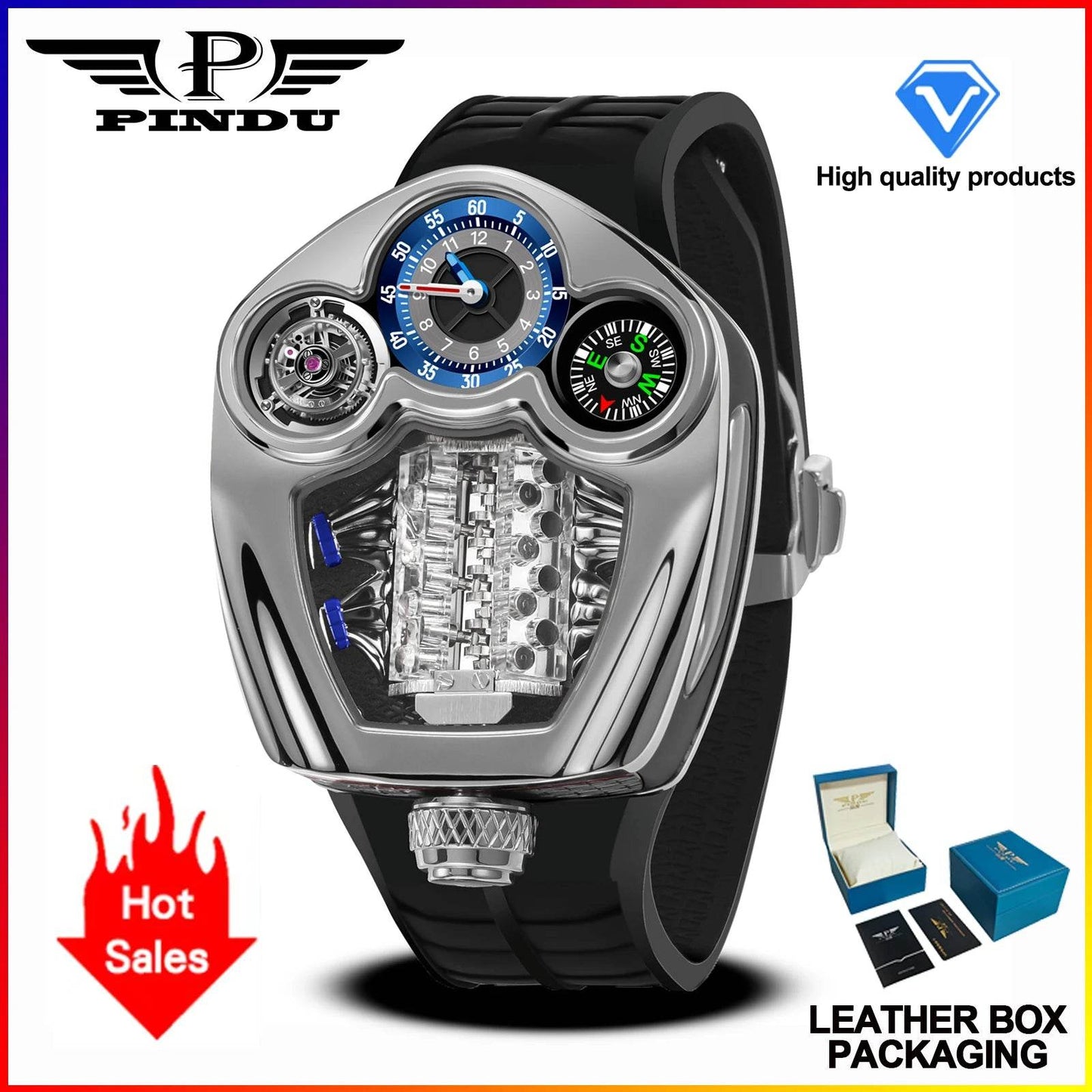 PINDU Design NEW Engine Series Quartz Watch Men TOP-luxurious Stainless steel Compass Waterproof Swiss quartz 762 movement watch - Lux Waches Max