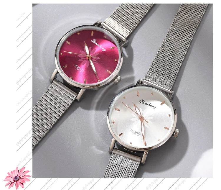 Watches For Women Luxury Silver Popular Pink Dial Flowers Metal Ladies Bracelet Quartz - Lux Waches Max
