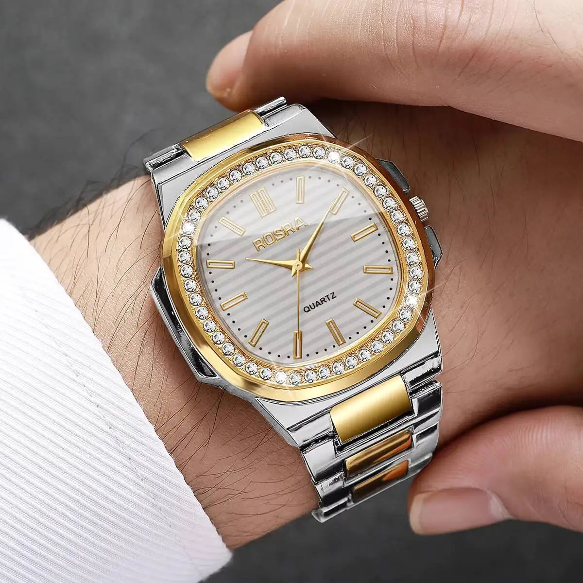 Luxury Rhinestone Man Wristwatch Fashion Square Steel Band Men Business Watches Quartz Wristwatch Reloj Hombre(Without Box)