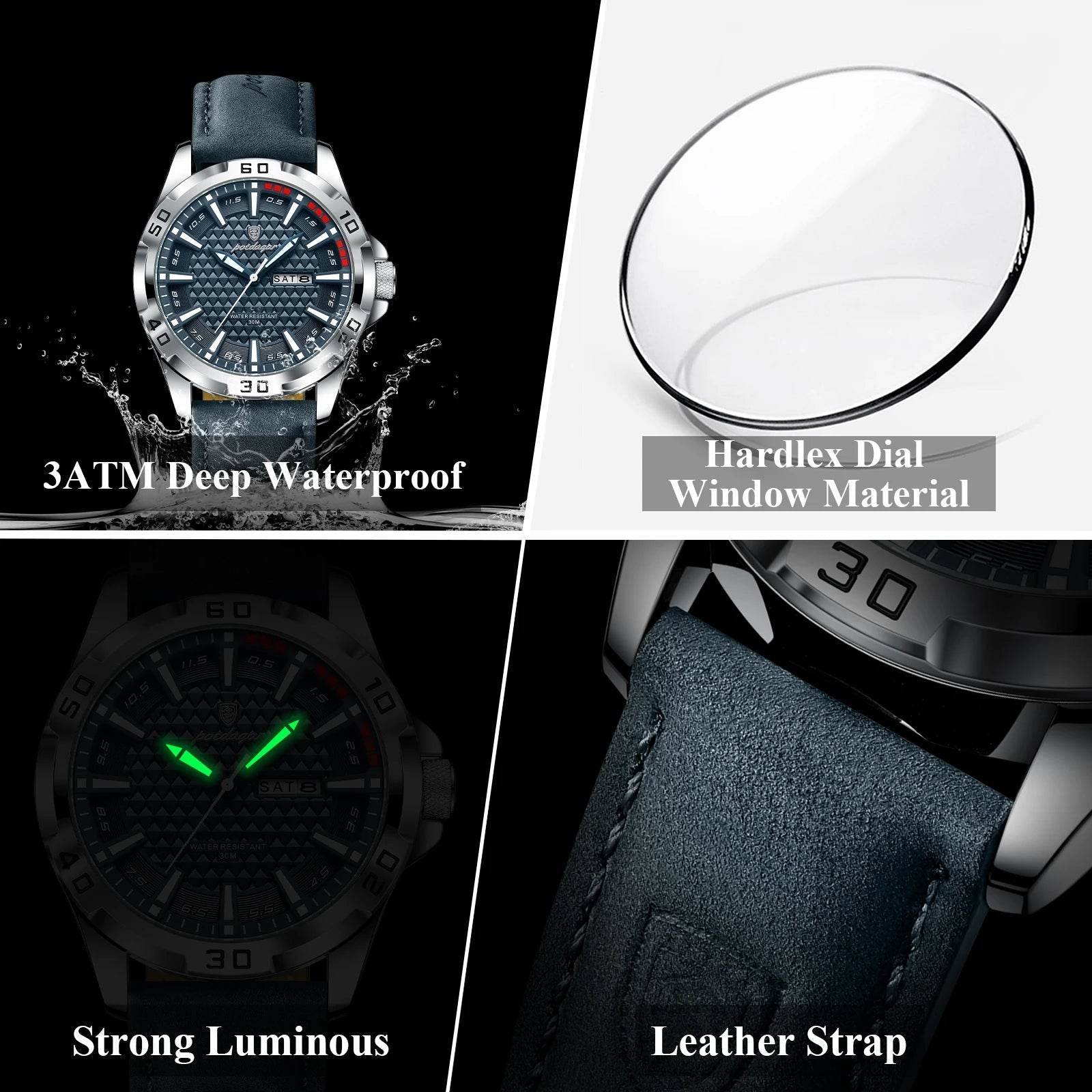 POEDAGAR Original Man Wristwatch Top Luxury Waterproof Luminous Date Week Watch For Men Quartz Sport Leather Men's Watches Reloj - Lux Waches Max