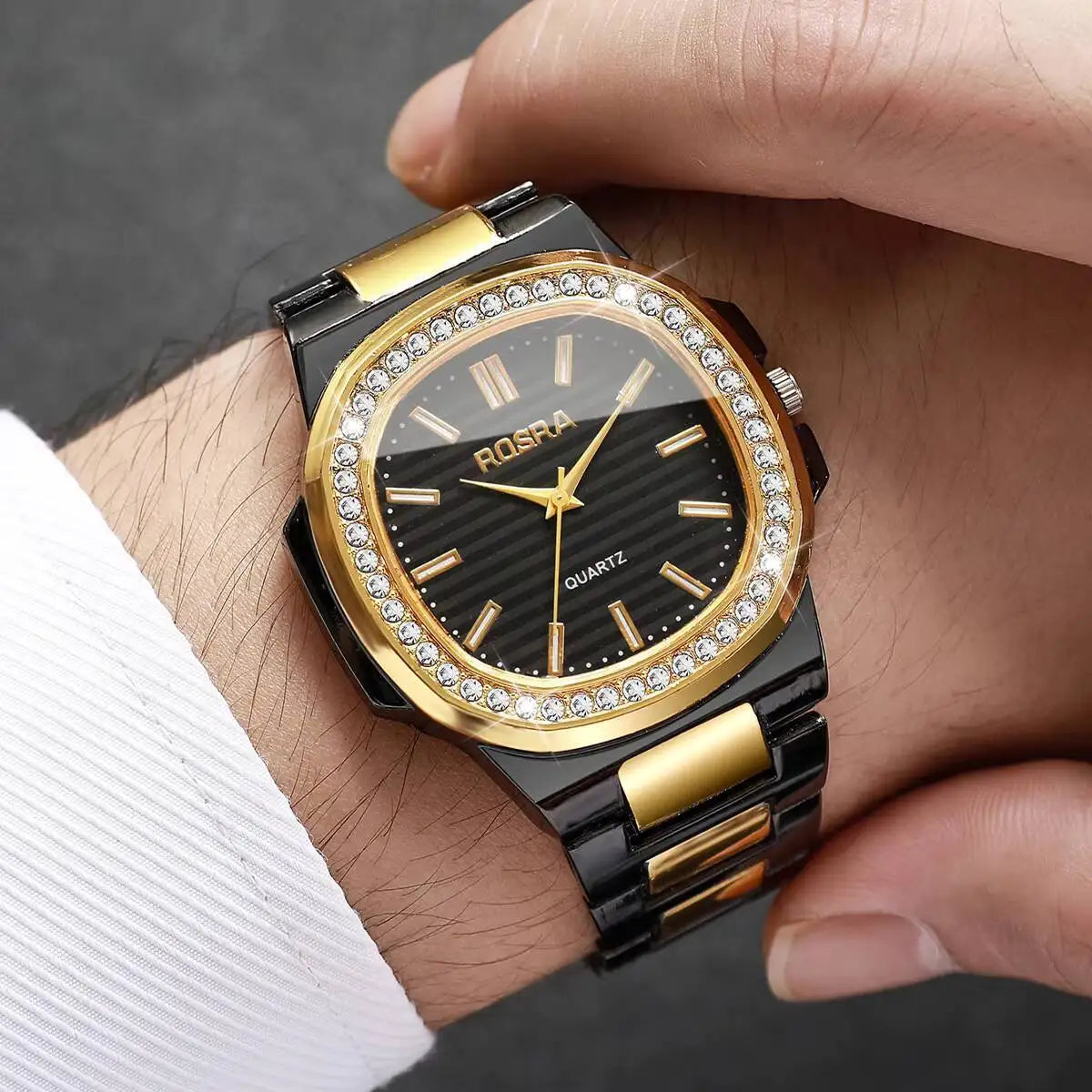 Luxury Rhinestone Man Wristwatch Fashion Square Steel Band Men Business Watches Quartz Wristwatch Reloj Hombre(Without Box)