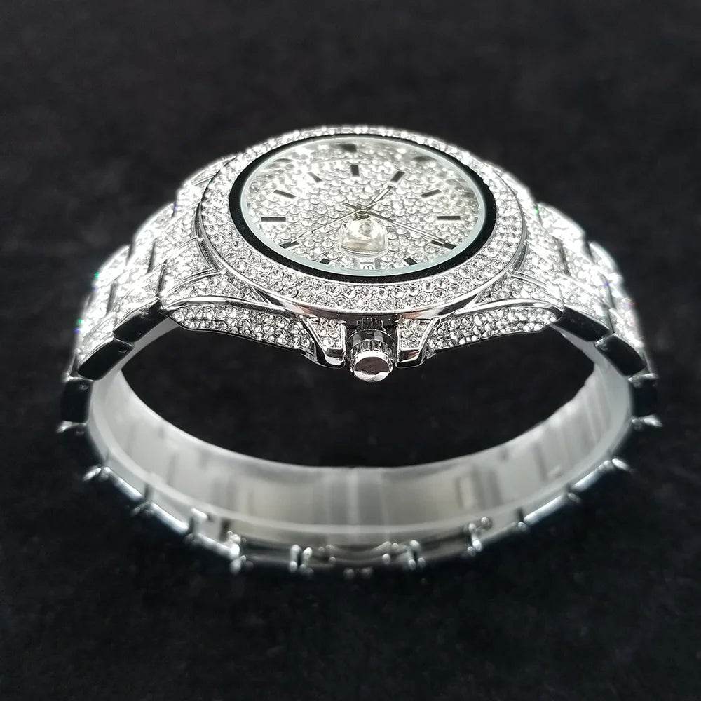 Full Diamond Watches for Men Luxury Fashion Silver Iced Out Quartz Wristwatch Hip Hop Street Style Bling Watch Man Dropshipping - Lux Waches Max