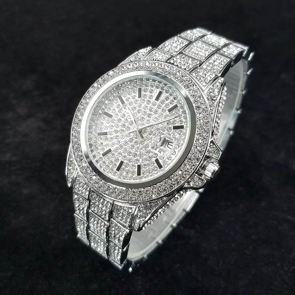 Full Diamond Watches for Men Luxury Fashion Silver Iced Out Quartz Wristwatch Hip Hop Street Style Bling Watch Man Dropshipping - Lux Waches Max