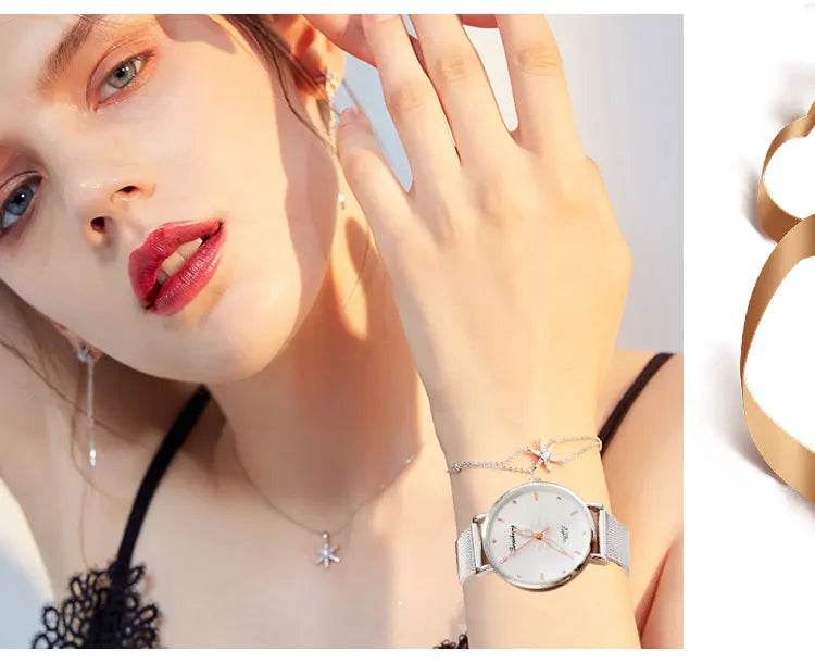 Watches For Women Luxury Silver Popular Pink Dial Flowers Metal Ladies Bracelet Quartz - Lux Waches Max