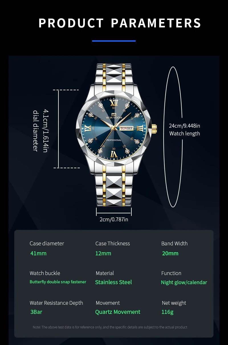 Men Watch Water Diamond Luxury Night Glow Double Calendar Quartz - Lux Waches Max
