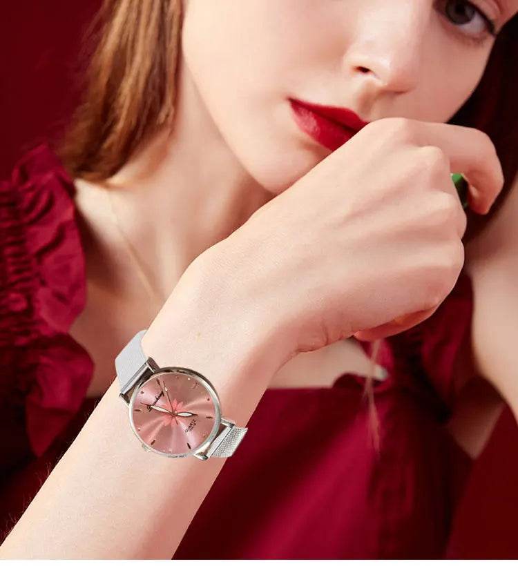 Watches For Women Luxury Silver Popular Pink Dial Flowers Metal Ladies Bracelet Quartz - Lux Waches Max