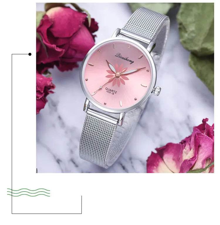 Watches For Women Luxury Silver Popular Pink Dial Flowers Metal Ladies Bracelet Quartz - Lux Waches Max