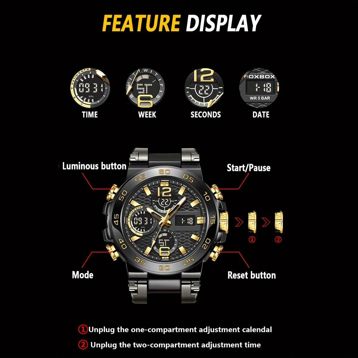 New Watches For Men Waterproof Clock Alarm Reloj Hombre LCD Dual Display Wristwatch Quartz Sports Mens Watch - Lux Waches Max