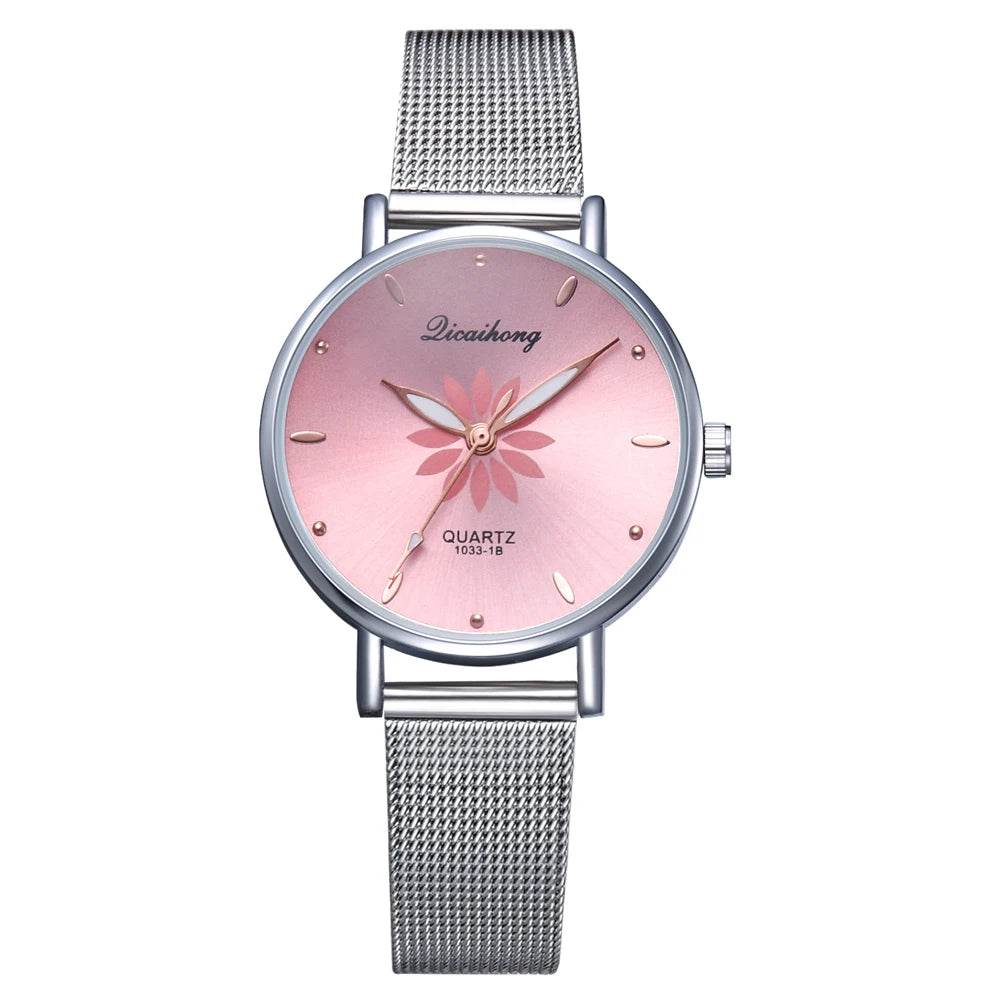 Watches For Women Luxury Silver Popular Pink Dial Flowers Metal Ladies Bracelet Quartz - Lux Waches Max