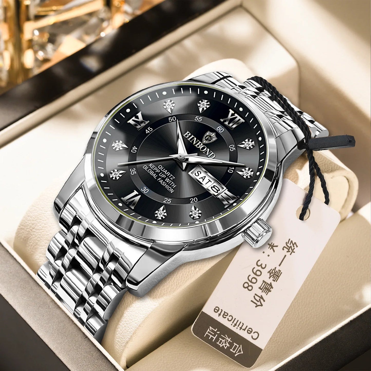 BINBOND B7169 7169 Diamond Dial Fashion Quartz Mens Lux Waches Max