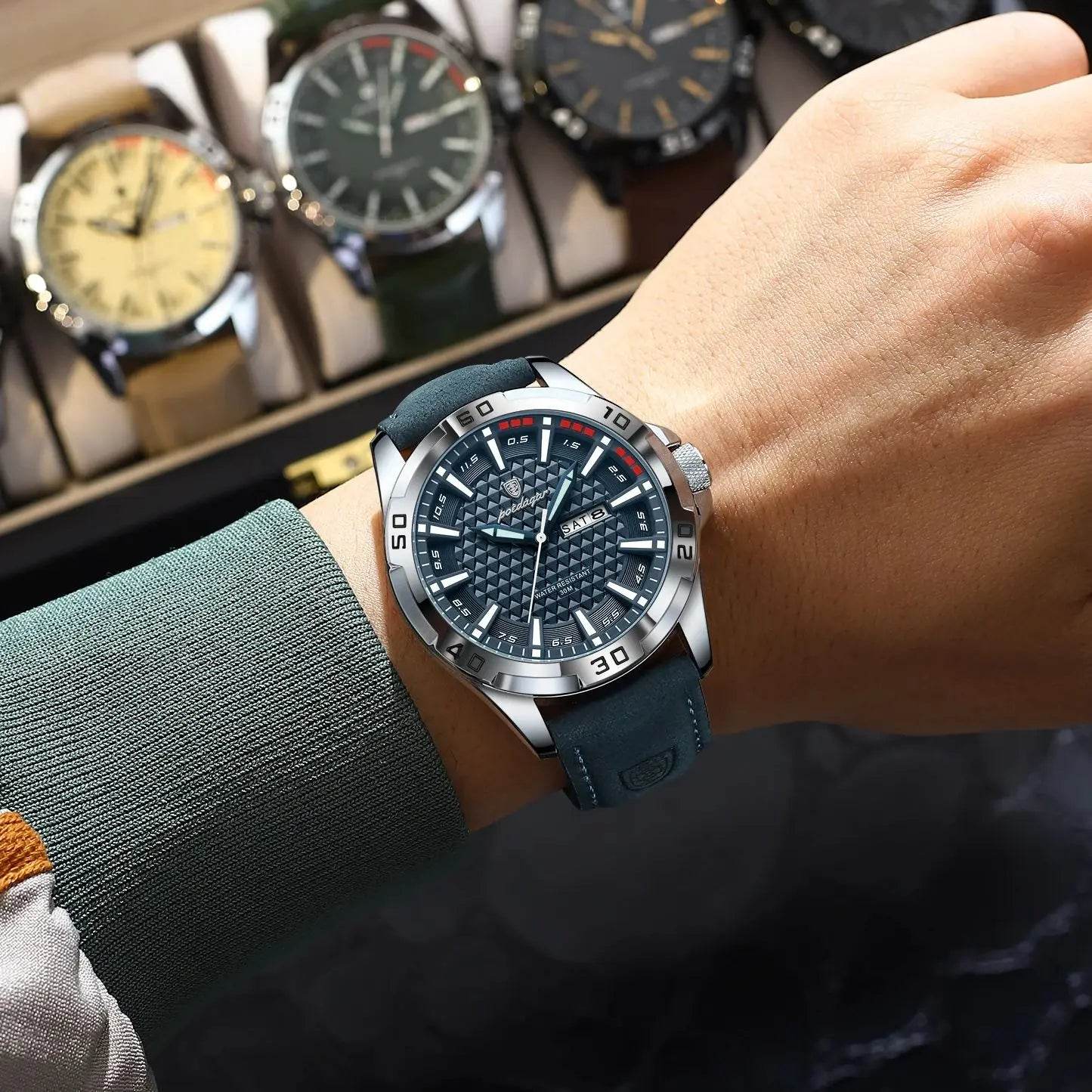 POEDAGAR Original Man Wristwatch Top Luxury Waterproof Luminous Date Week Watch For Men Quartz Sport Leather Men's Watches Reloj - Lux Waches Max