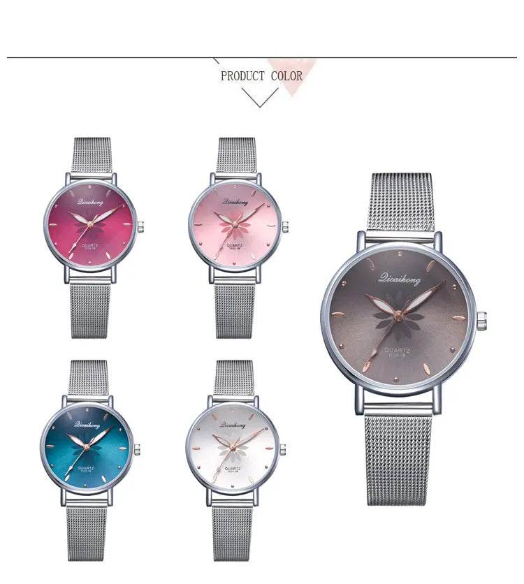 Watches For Women Luxury Silver Popular Pink Dial Flowers Metal Ladies Bracelet Quartz - Lux Waches Max