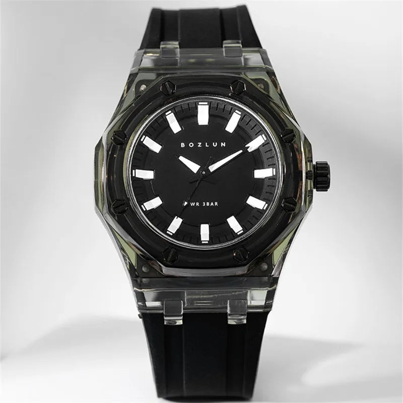 BOZLUN Fashion Quartz Watch For Men Women Transparent Crystal Case Stylish Unisex Wristwatches Rubber Strap Band